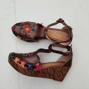 Handcrafted Leather Embroidered Brown Women's Wedge Sandals